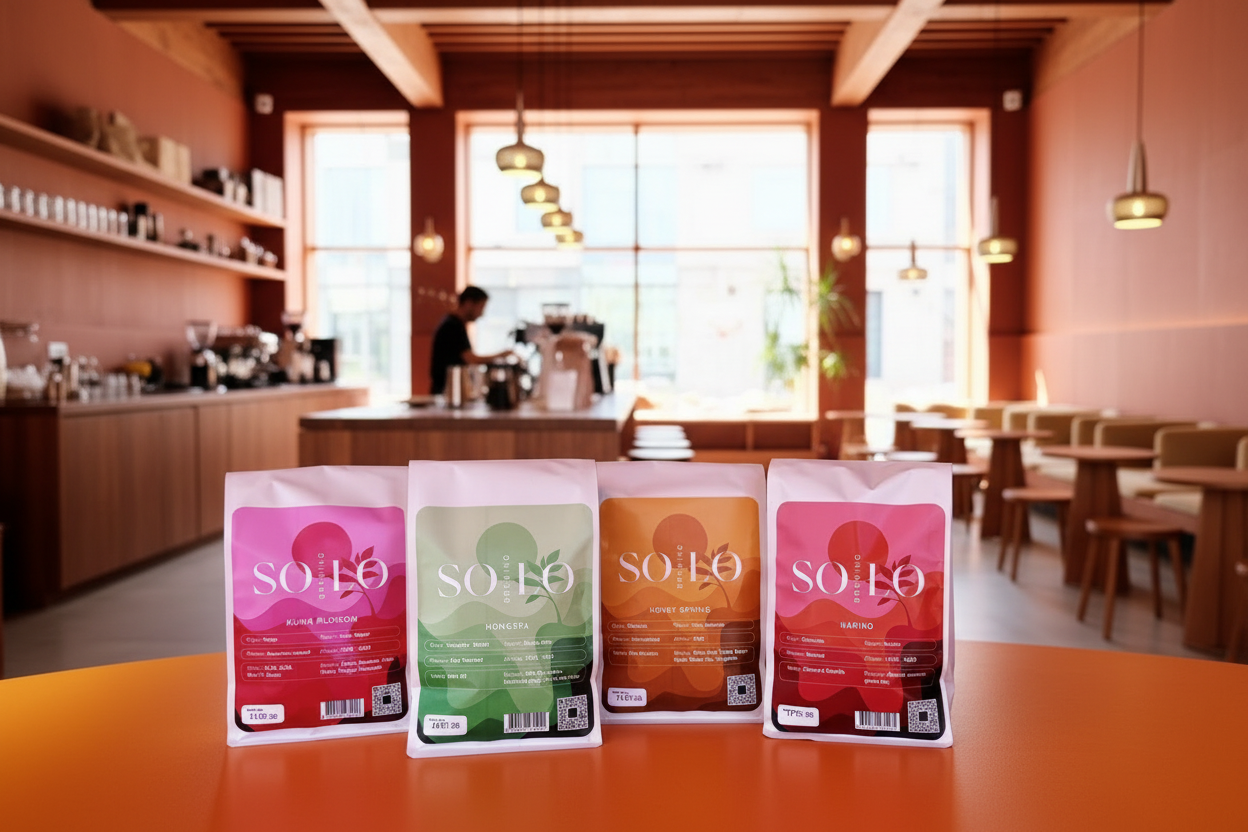 1kg bags in coffee shop setting