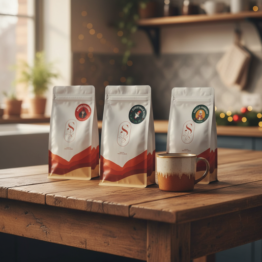 Coffee trio in cozy kitchen with actual products