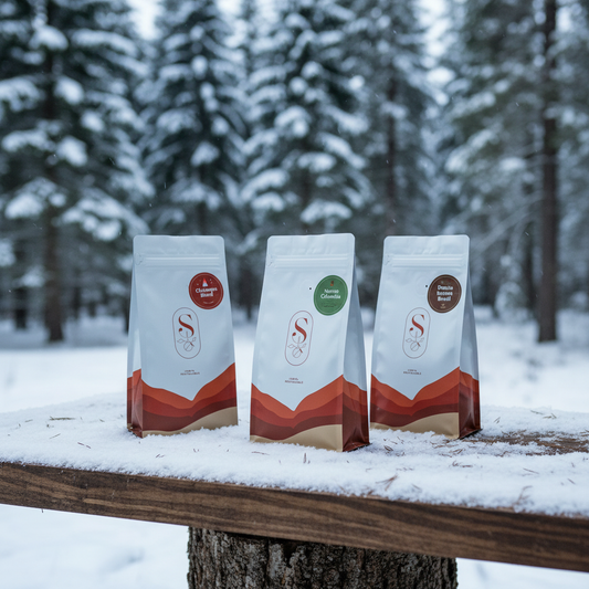 Coffee trio in winter forest with actual products
