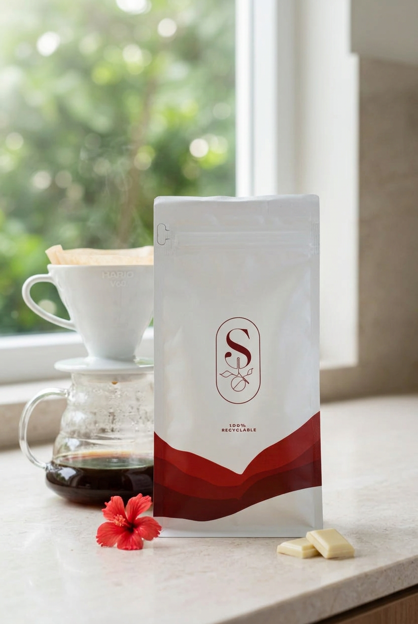 Muranga coffee in white and red SOLO Brewing packaging beside a pour-over brewer