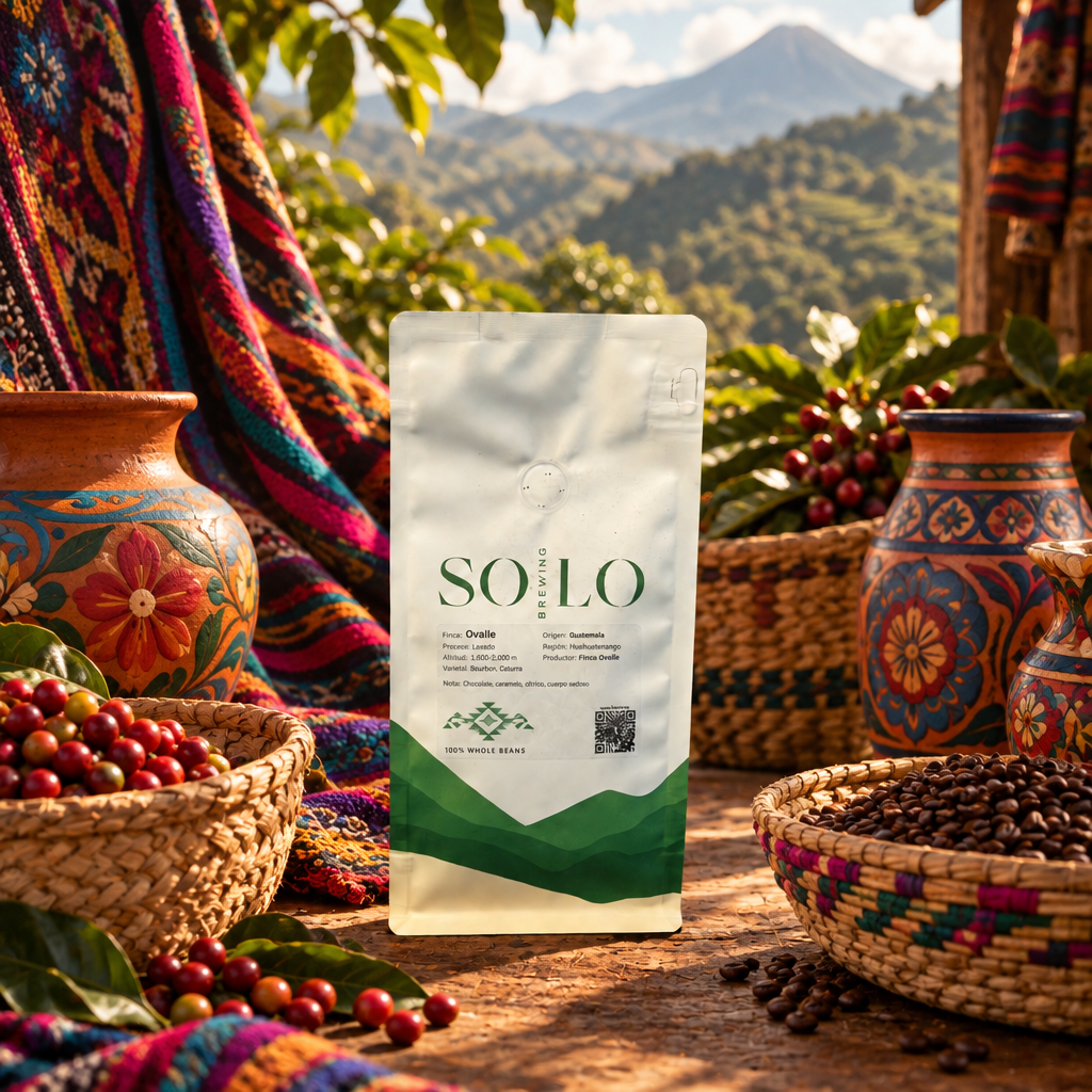 Ovalle coffee with Guatemalan market pottery and basket background