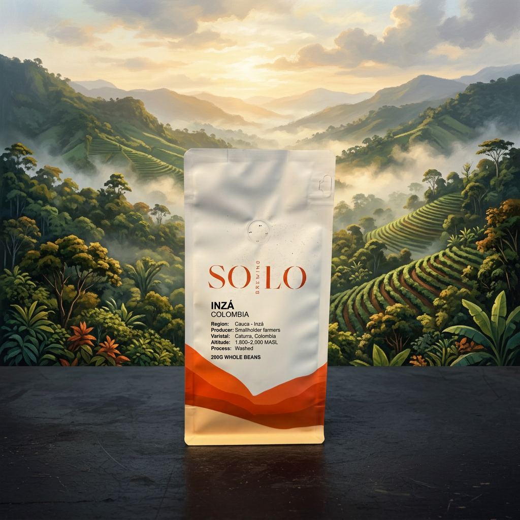 SOLO Brewing Colombia Inzá coffee pouch with cream and orange packaging against an Andean landscape