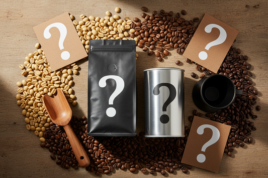 Overhead view of mystery coffee bundle with various specialty coffee beans