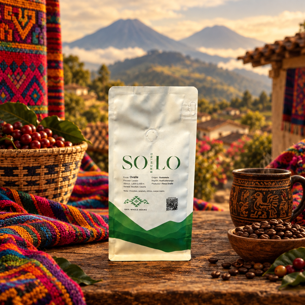 Ovalle coffee with Guatemalan textile and volcano background