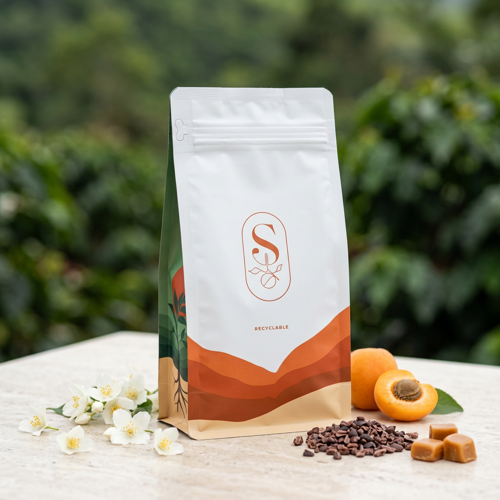 SOLO Brewing Inzá orange-wave coffee packaging with white blossoms, apricot, cocoa nibs and caramel evoking its tasting notes