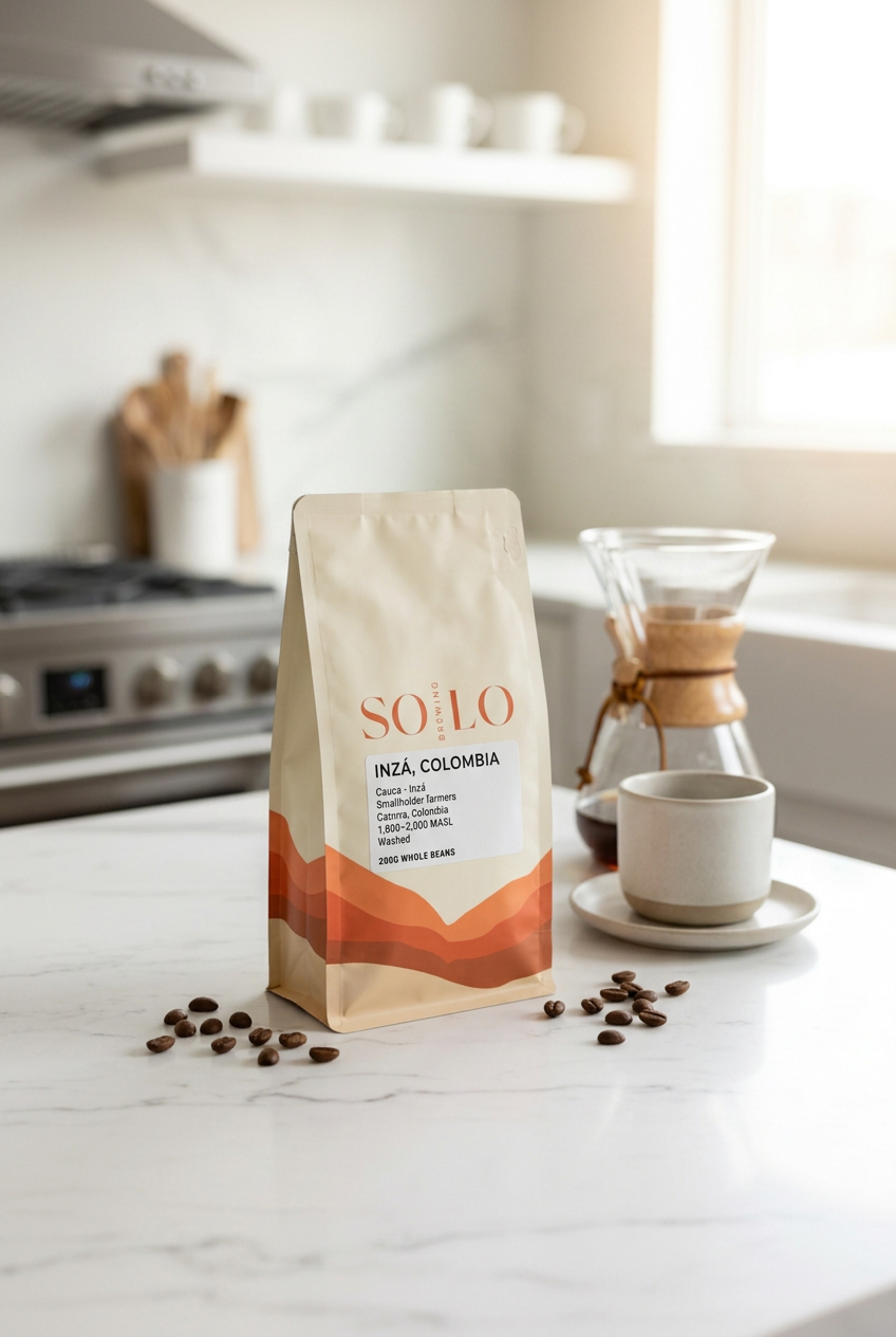 SOLO Brewing Colombia Inzá coffee pouch beside a pour-over brewer in a bright kitchen